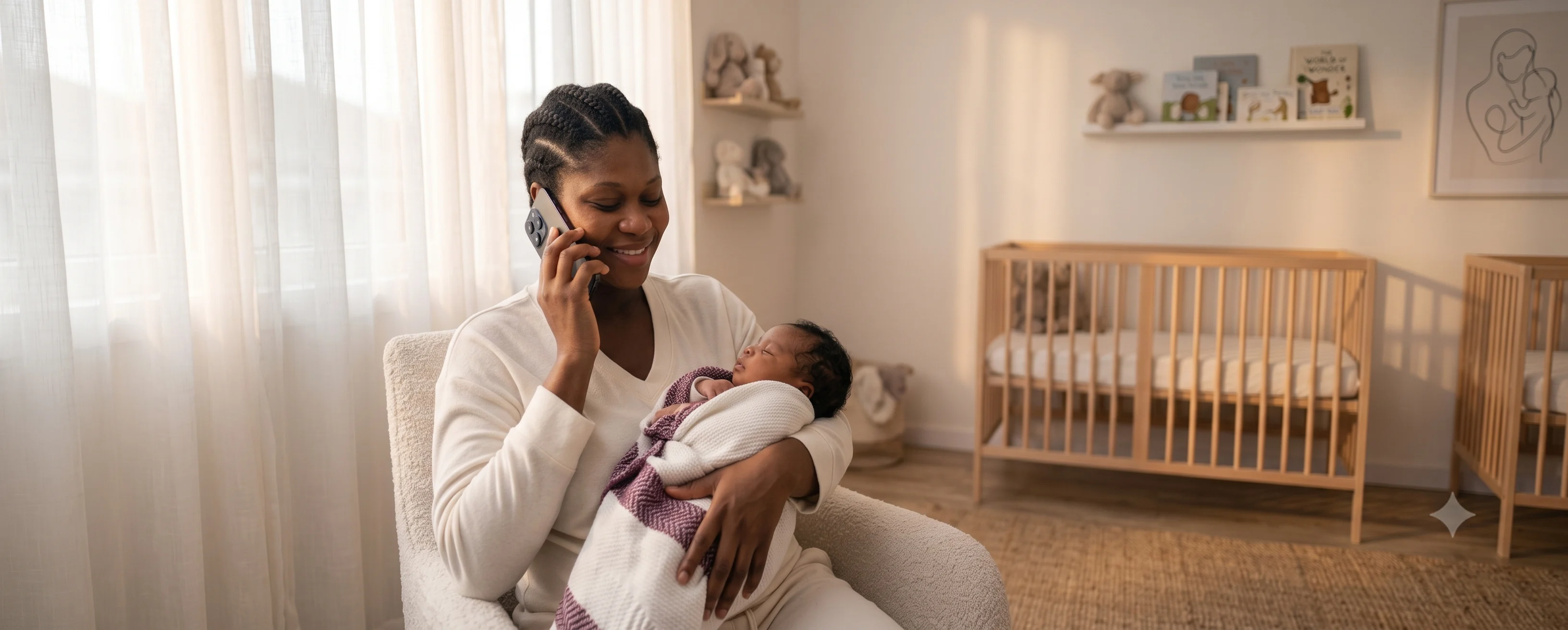 A new mother holding her newborn baby while talking on the phone during a postnatal check-in