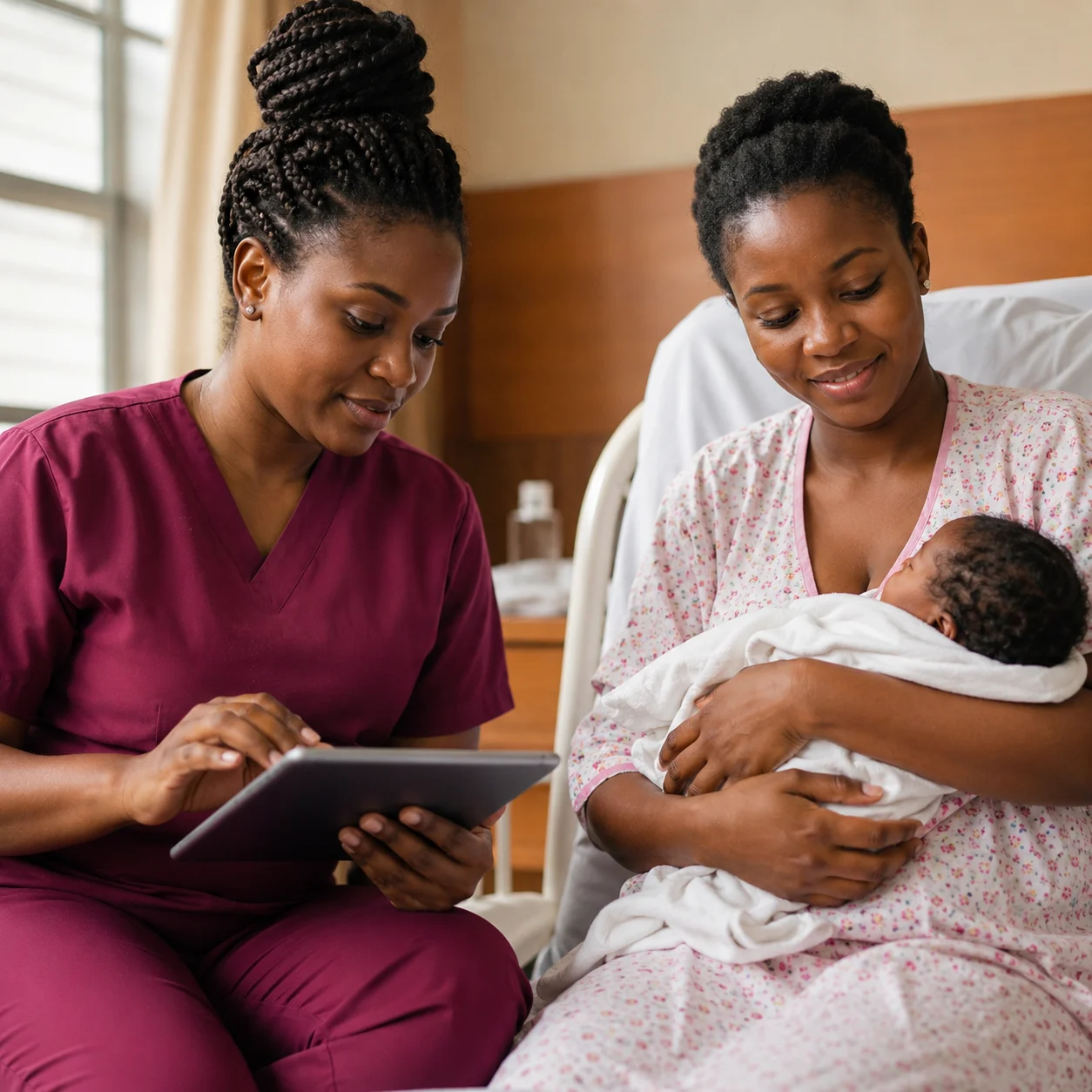 A nurse showing a tablet to a new mother holding her newborn in a hospital room